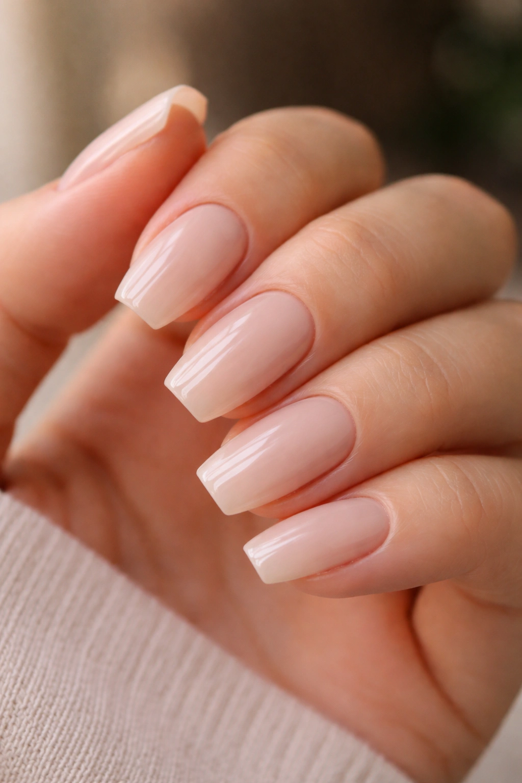 Close-up of milky nude short coffin nails with translucent finish