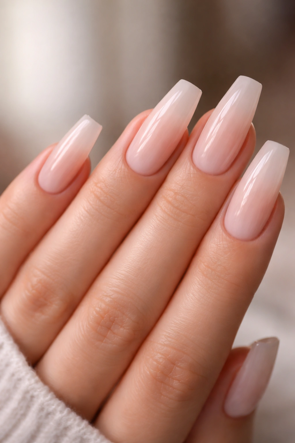 Milky nude coffin nails with translucent pink-beige undertones and glossy finish