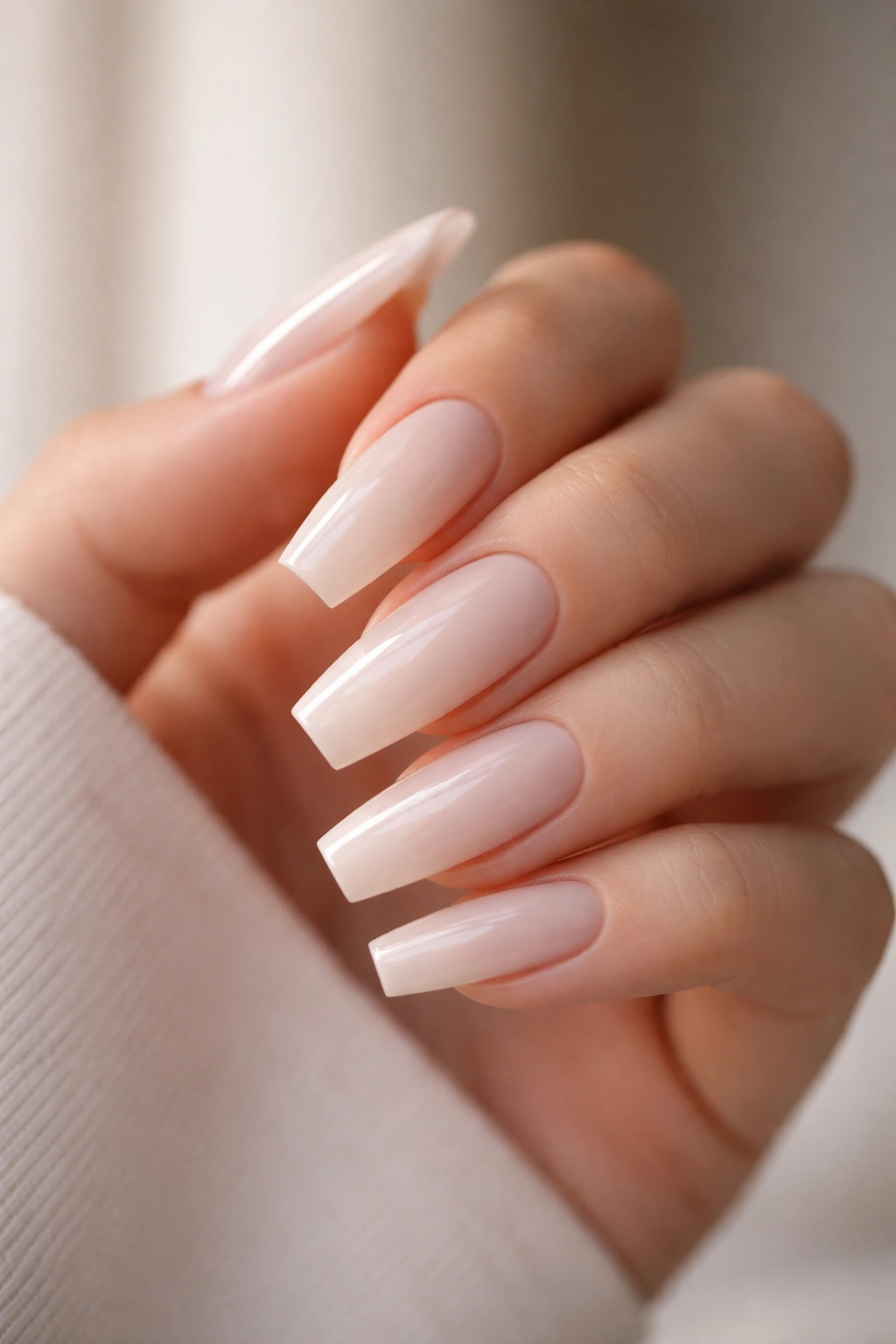 Close-up of milky nude coffin nails on a hand