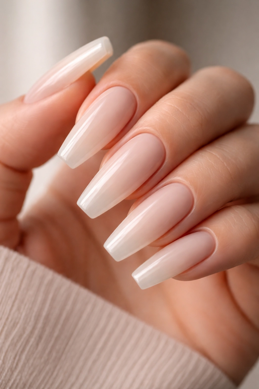 Milky nude coffin nails with soft gloss on a bare hand