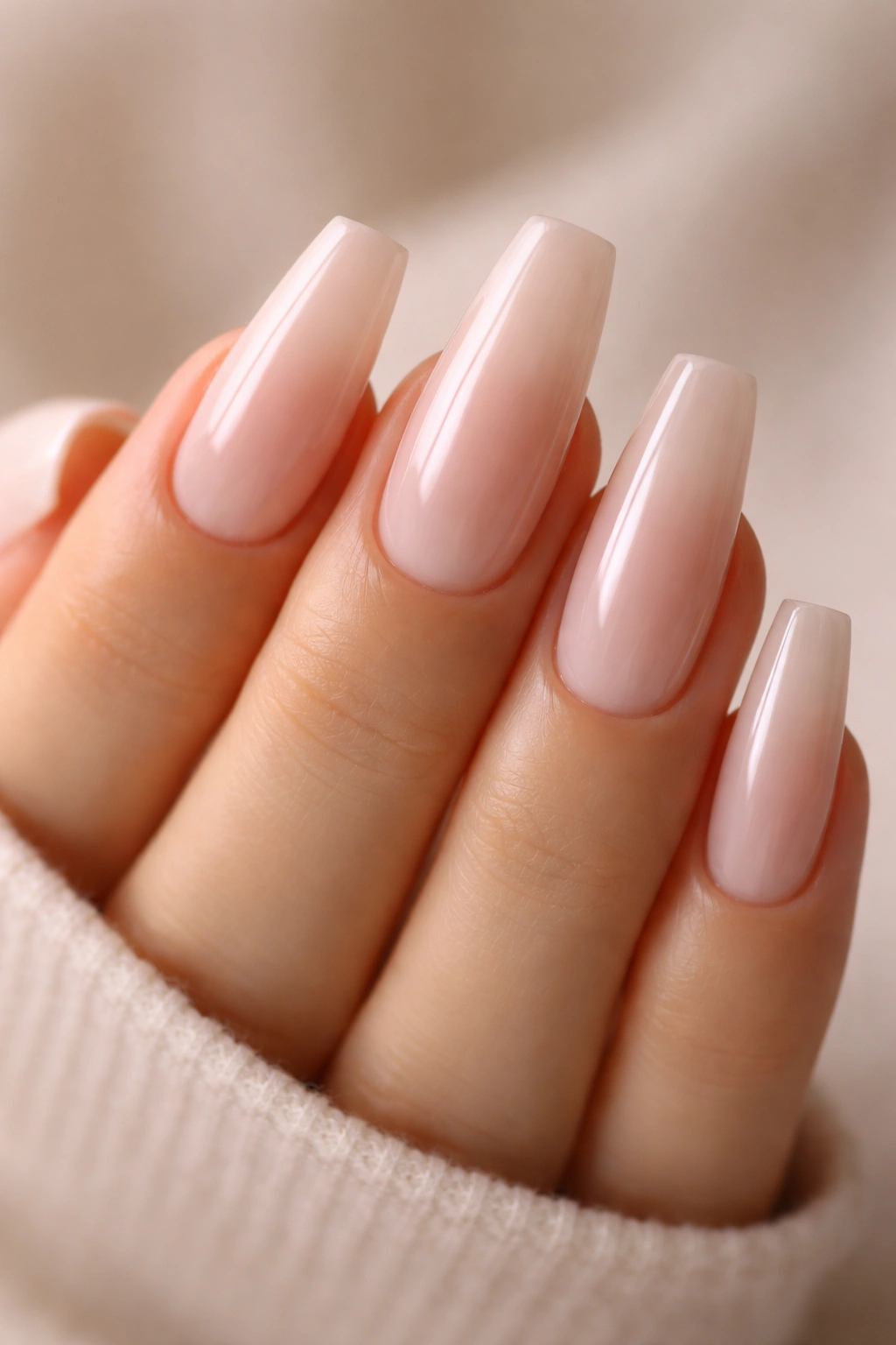 Close-up of milky nude coffin nails with sheer pink-beige gloss on a neutral background