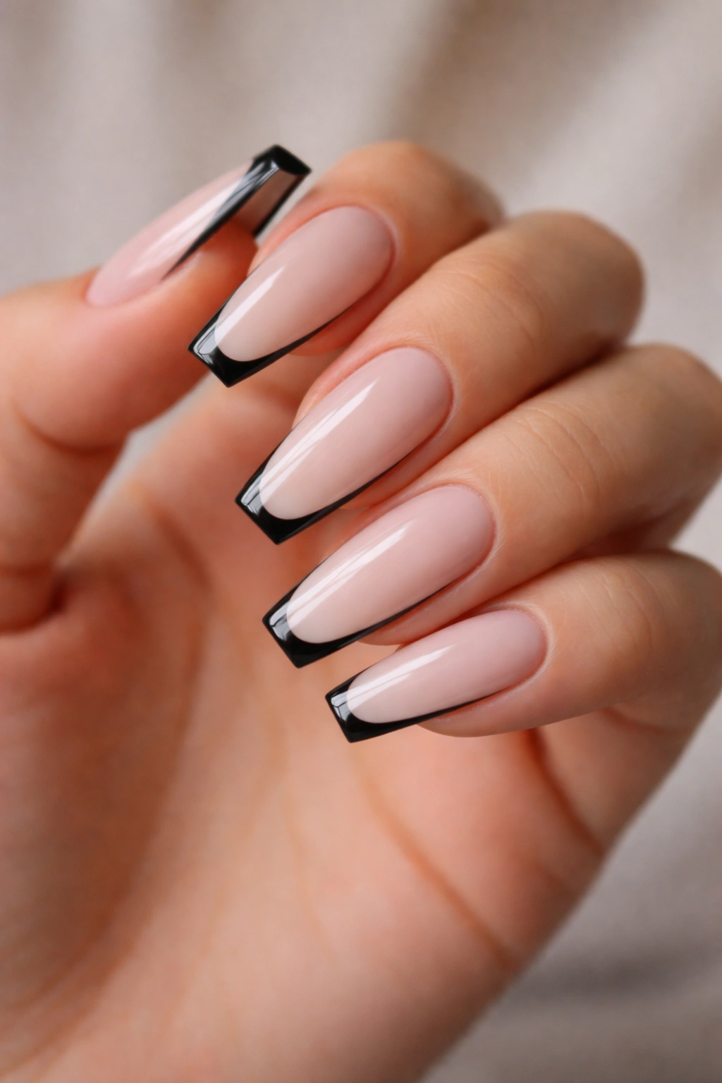 Close-up of milky nude coffin nails with a black outline at the tips.