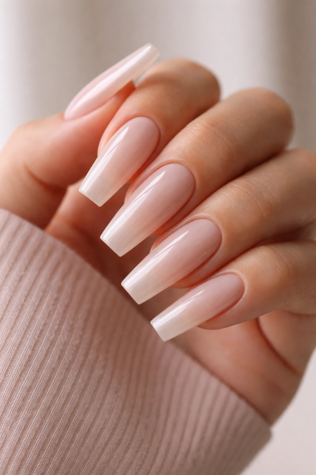 Milky nude coffin nails with glassy top coat on long nails