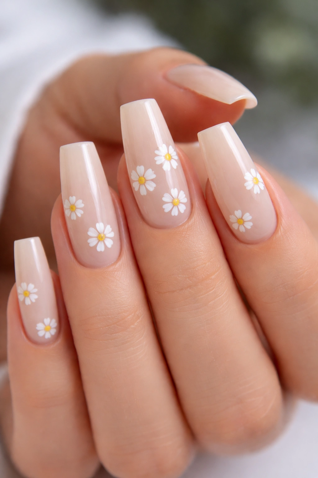 Milky nude coffin nails with tiny white daisies close-up