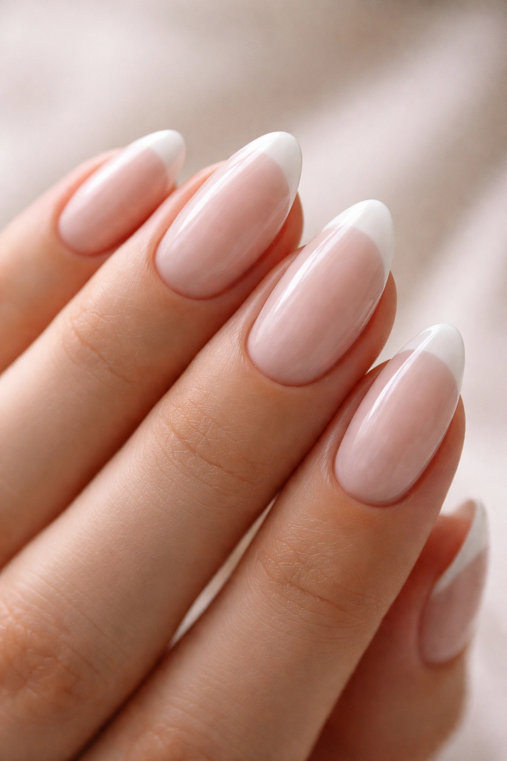 Close-up of almond fingernail with milky translucent base and white tip.