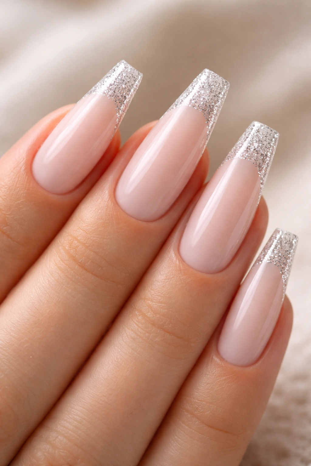 Close-up of milky nude ballerina nails with glitter French tips