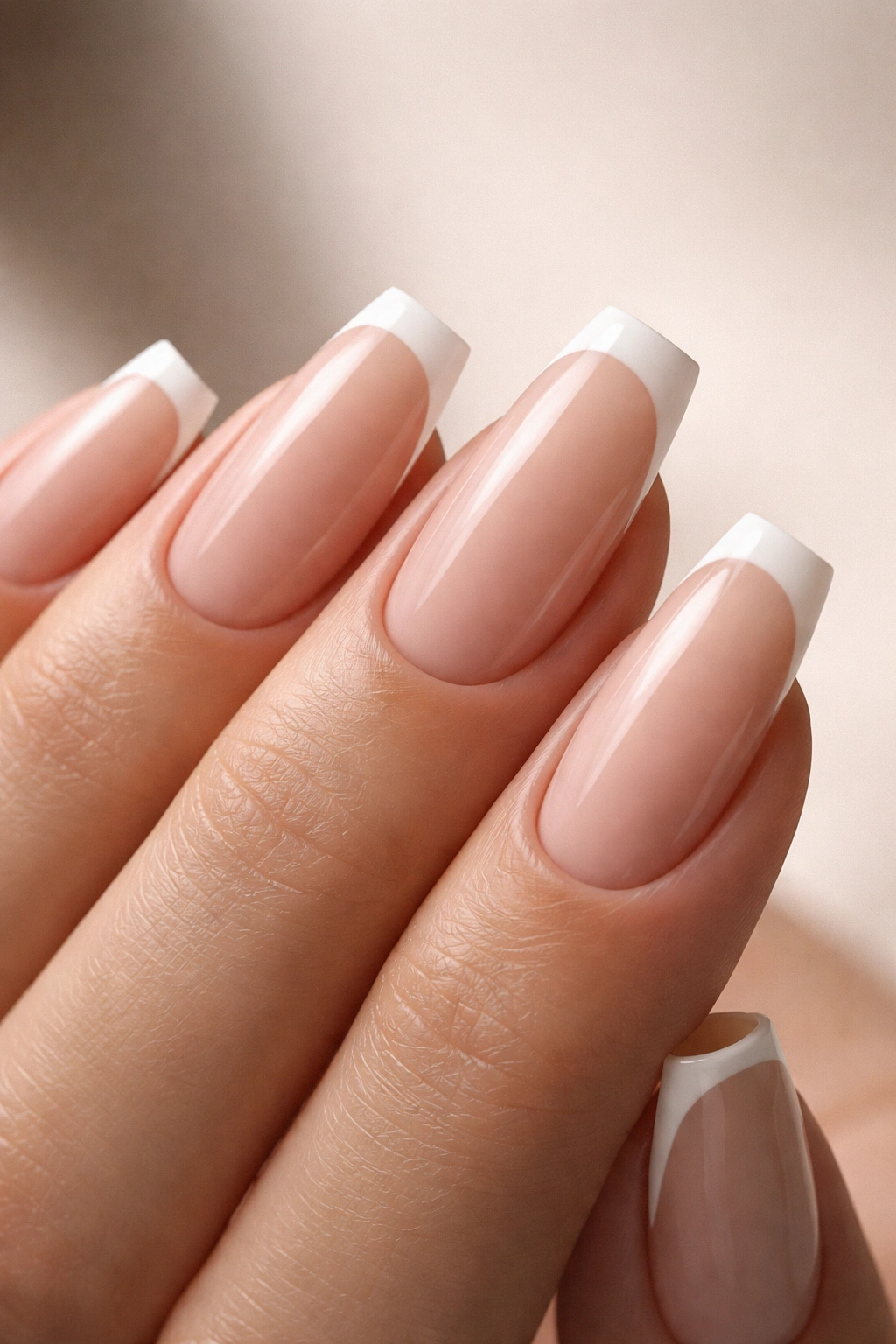Nails with milky nude base and micro thin white tip