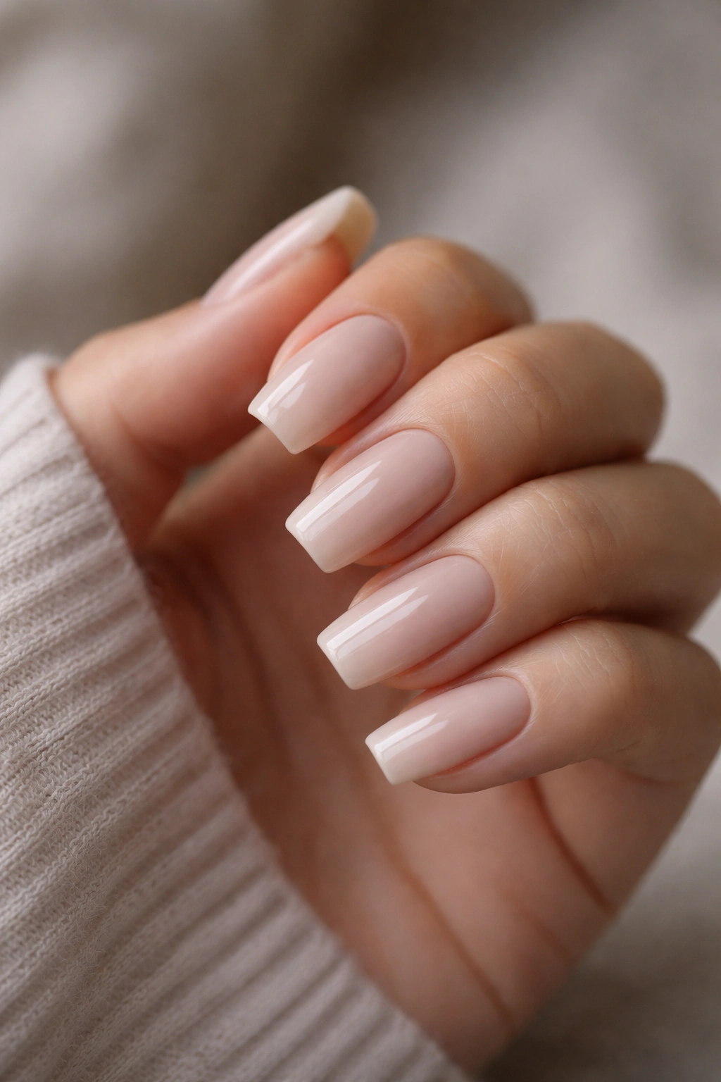 Close-up of milky nude coffin nails with glossy translucent finish.