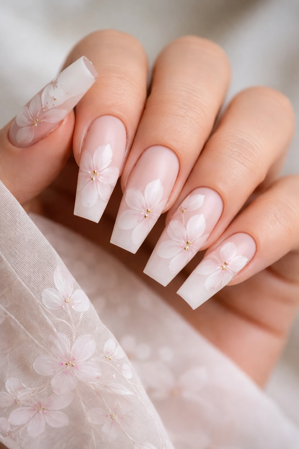 Nude milky nails with subtle petals under matte finish