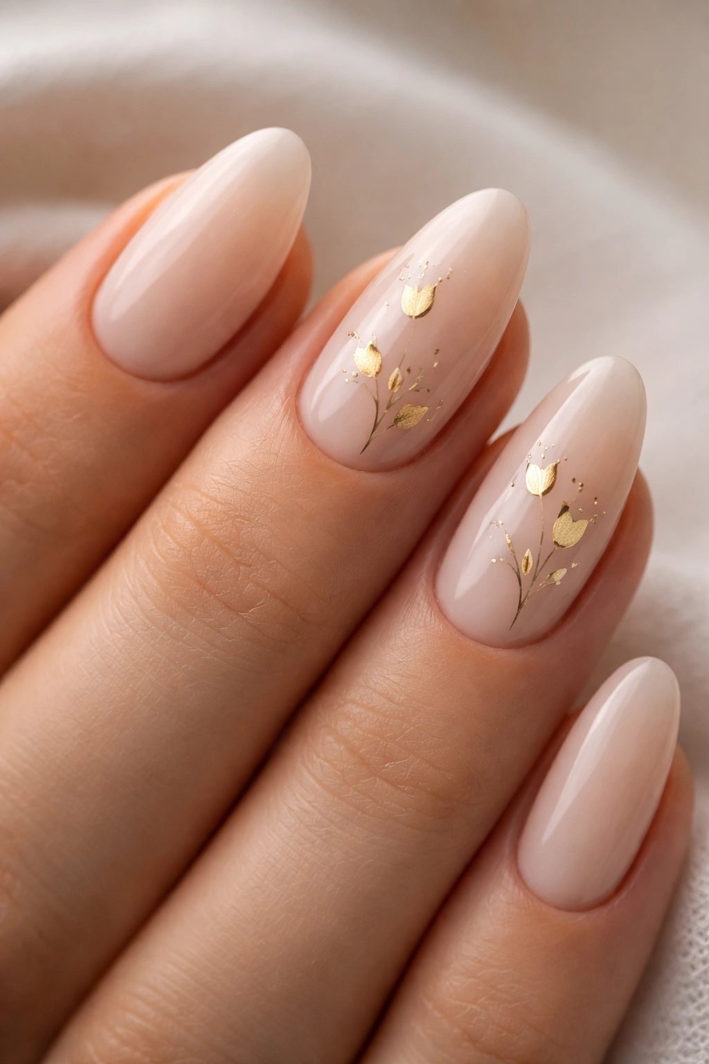Milky nude almond nails with gold leaf petal accents on two nails