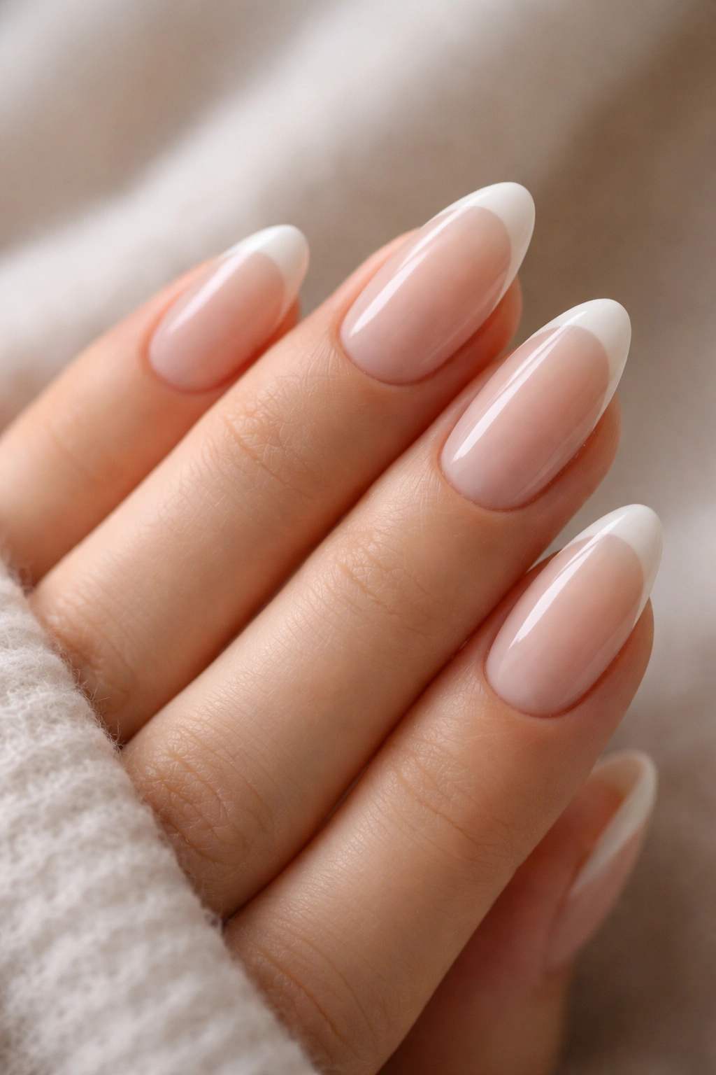 Almond nails with milky nude base and soft ivory tips with blurred line