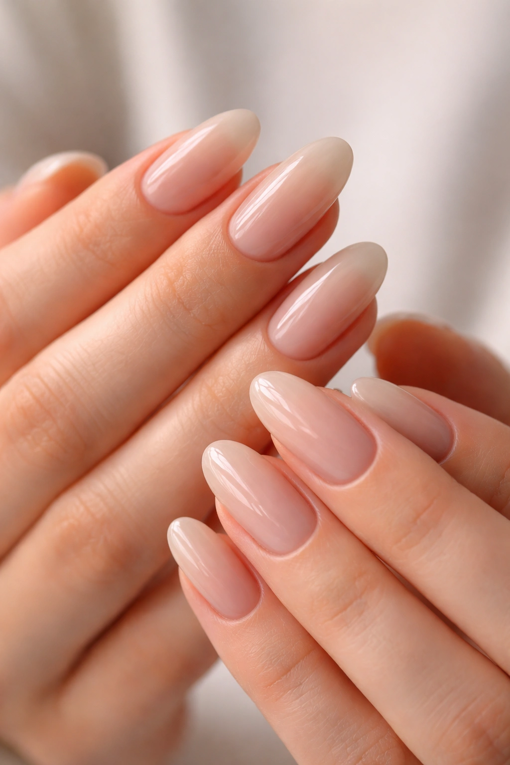 Close-up of long oval nails with a sheer milky nude glossy finish