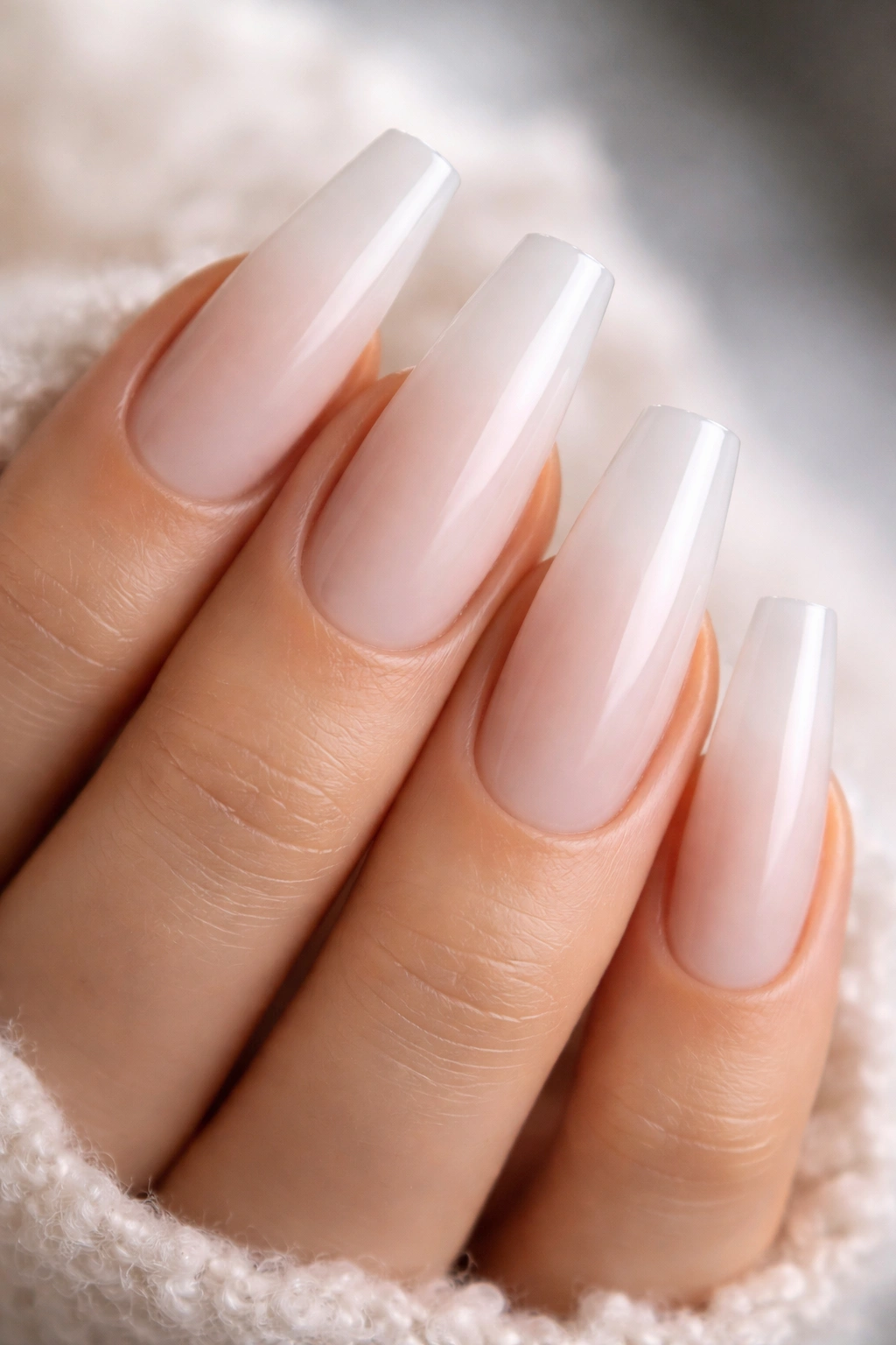 Coffin nails with milky semi-transparent ombre tips