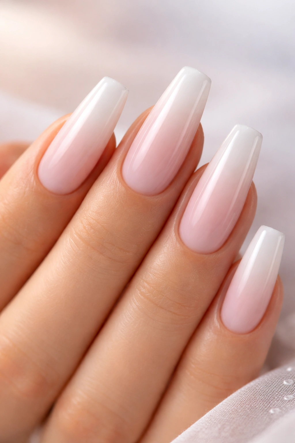 Coffin nails with milky pink to white ombré fade