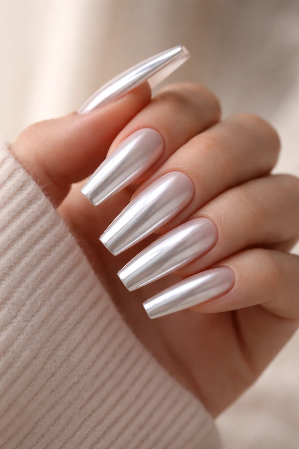 Milky pearl silver chrome coffin nails with diffused glow