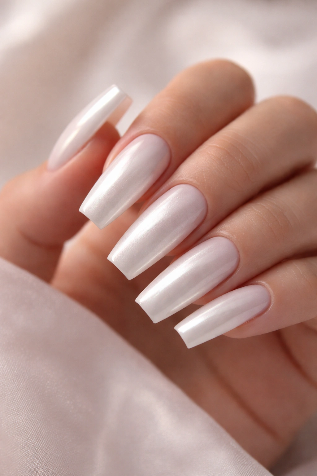 Close-up of milky pearl white chrome coffin nails with satin-like glow