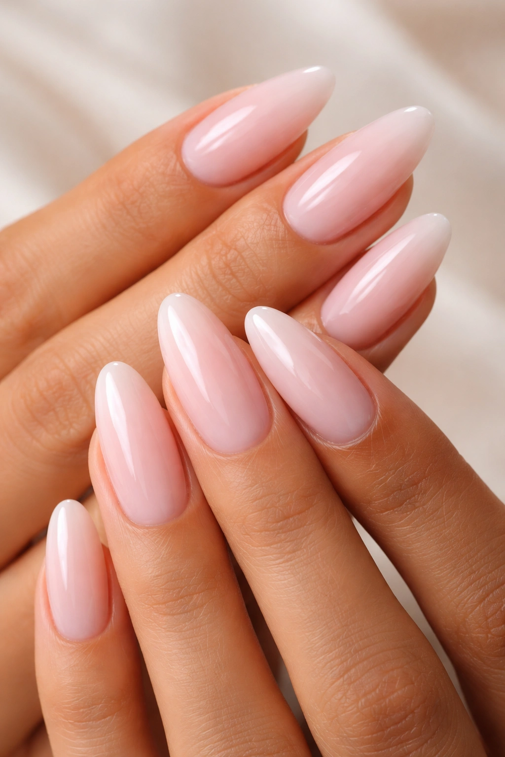 Close-up of almond nails in milky pink with glossy semi-sheer finish on a neutral background