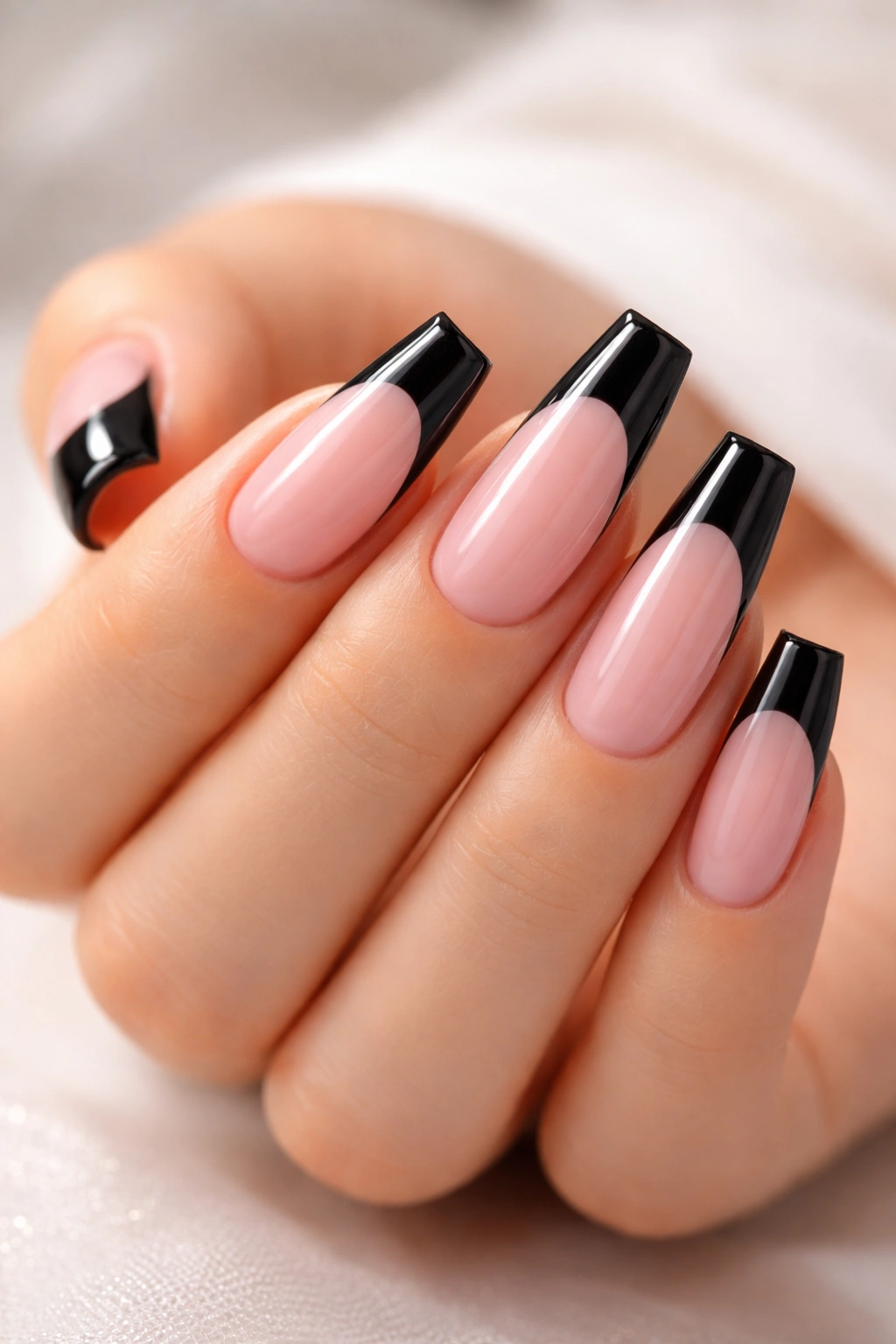 Milky pink coffin nails with black French tips in glossy finish