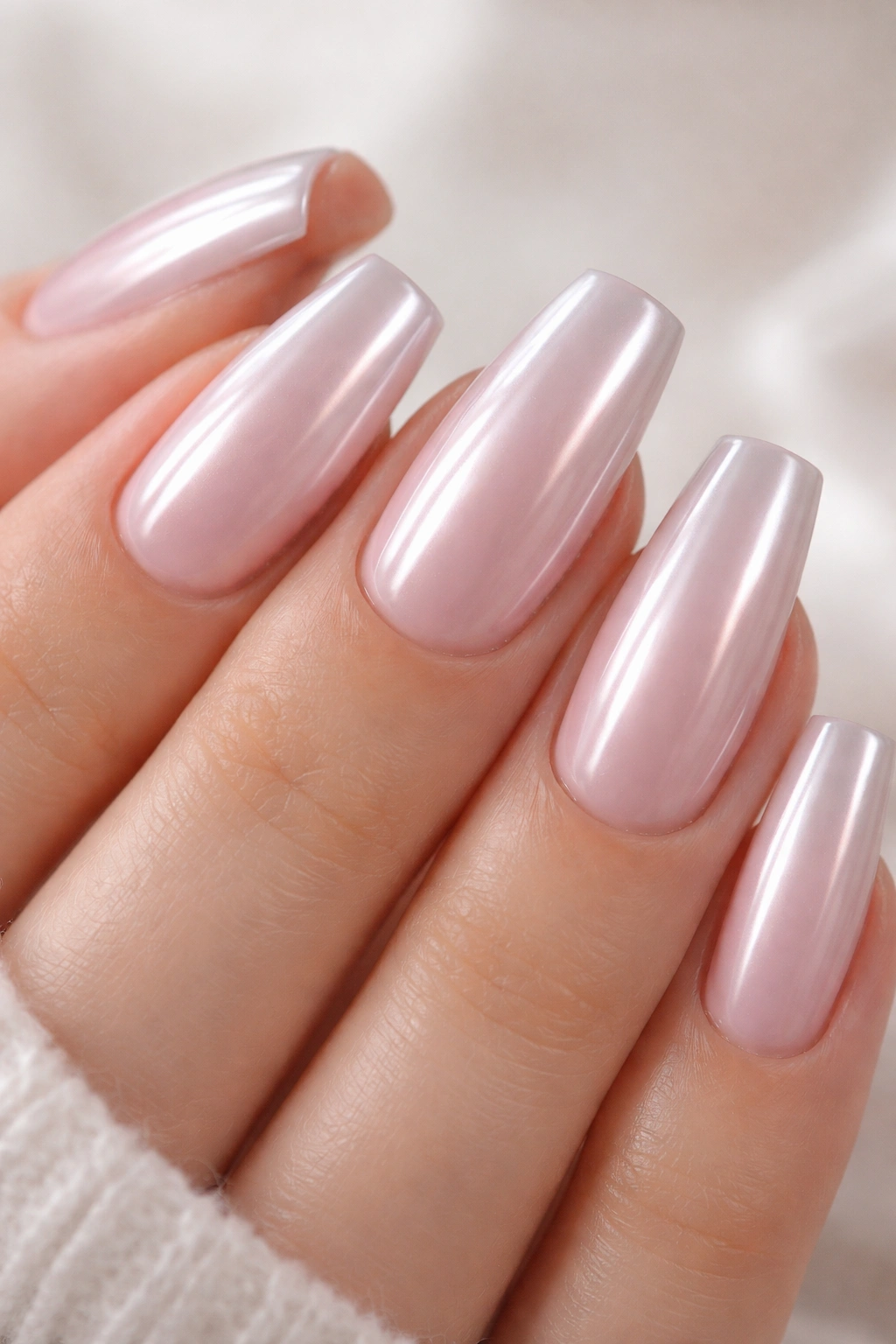Close-up of milky pink glazed chrome coffin nails with a pearly reflective finish