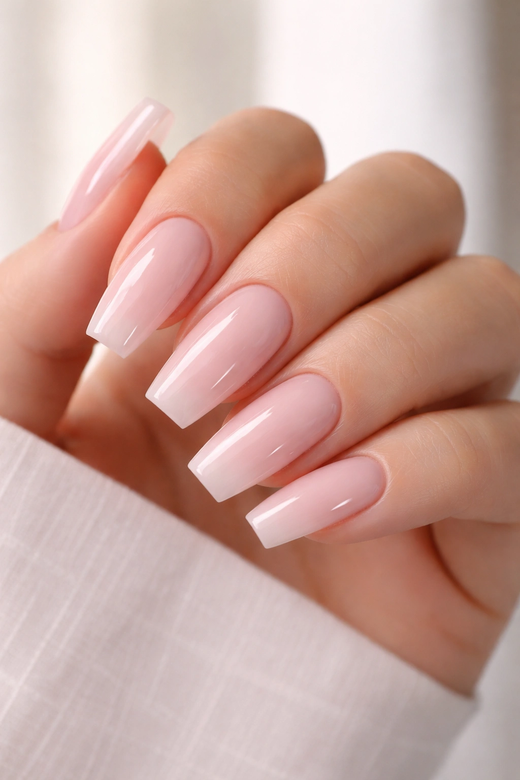 Milky pink coffin nails with glossy finish