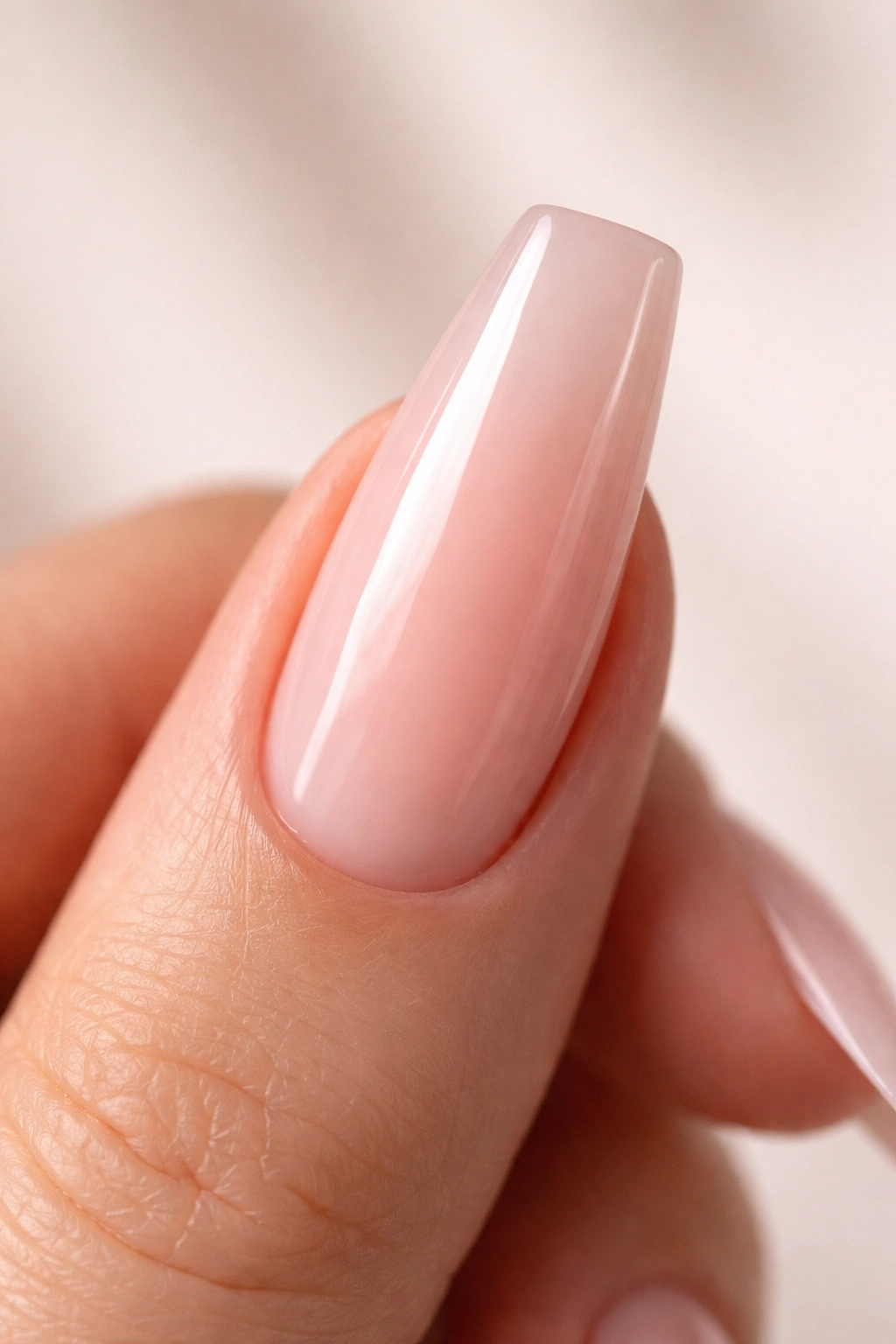 Long coffin nail in soft milky pink with translucent finish