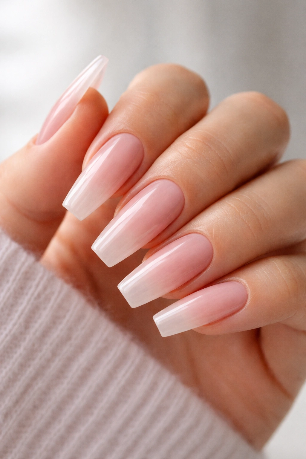 Close-up of coffin nails in sheer milky pink showing translucent nail bed through color