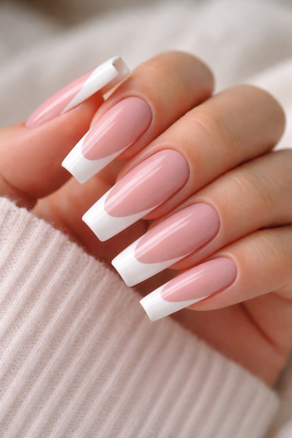 Close-up of milky pink coffin nails with a deep white smile line