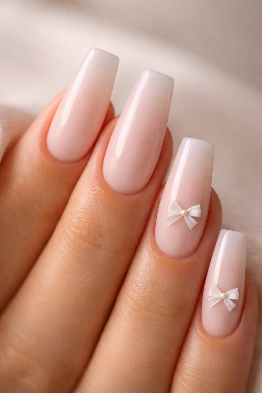 Milky pink coffin nails with tiny white bows on two nails