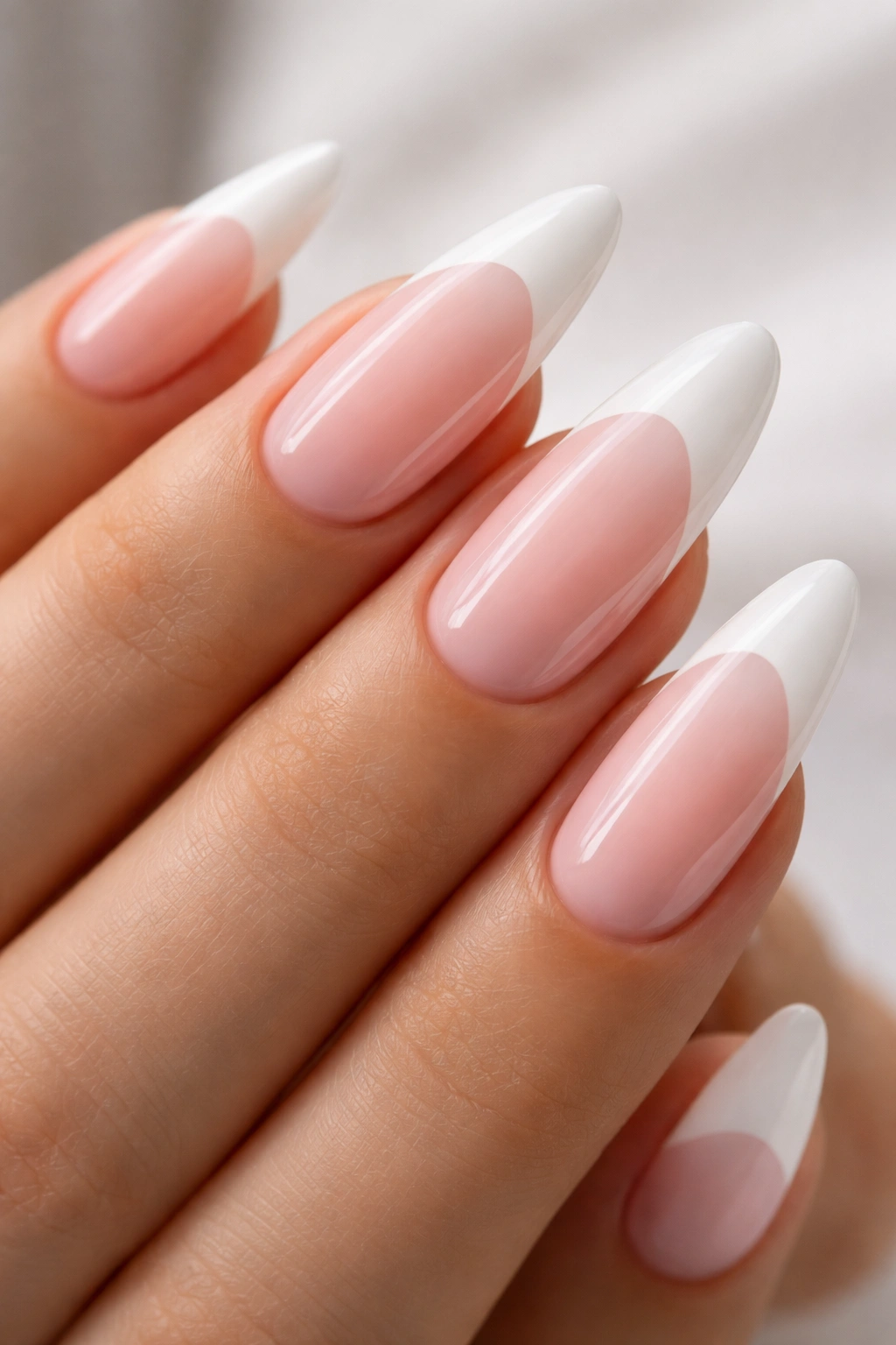 Long almond nails with milky pink base and white tip