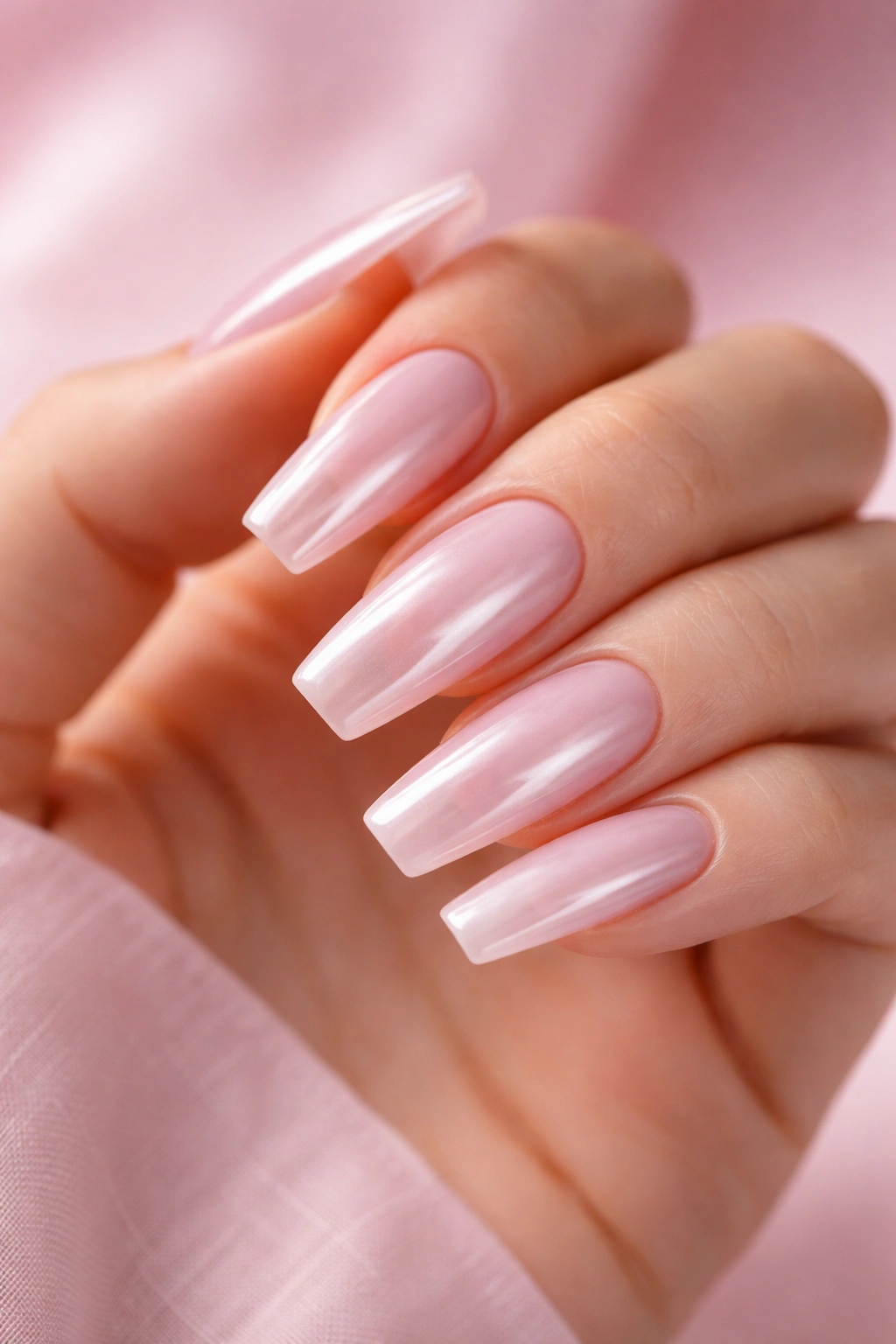 Close-up of milky pink glazed coffin nails with translucent base and glossy surface