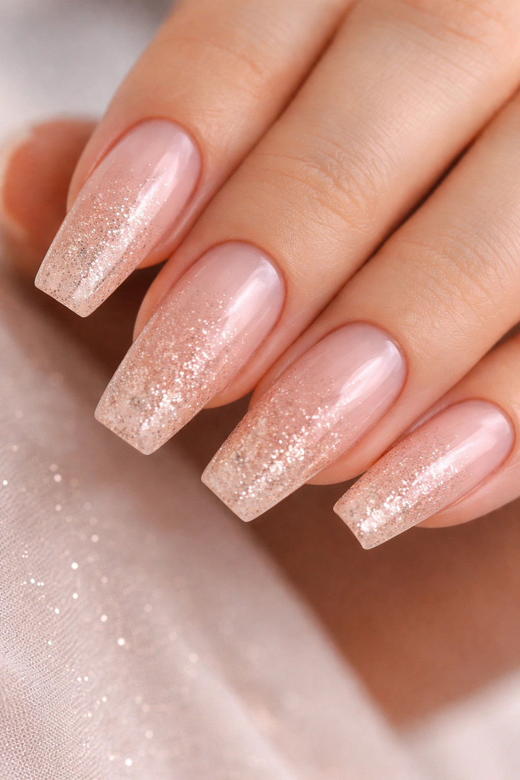 Close-up of milky pink coffin nails with fine glitter fade