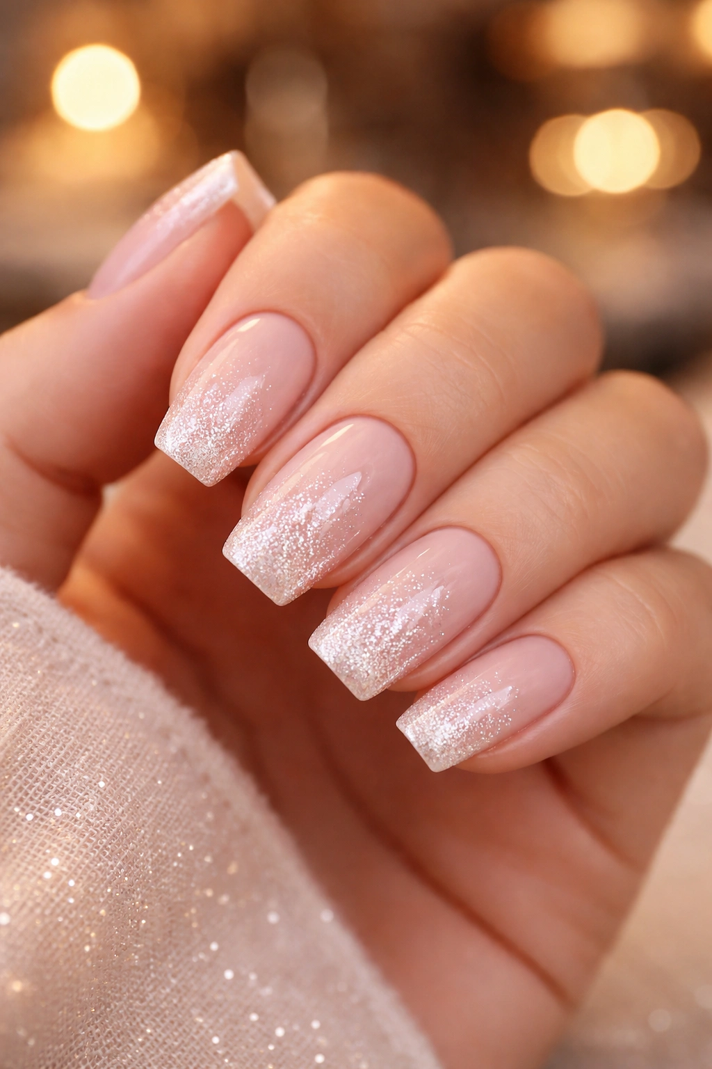 Short coffin nails with milky pink base and fine glitter fade
