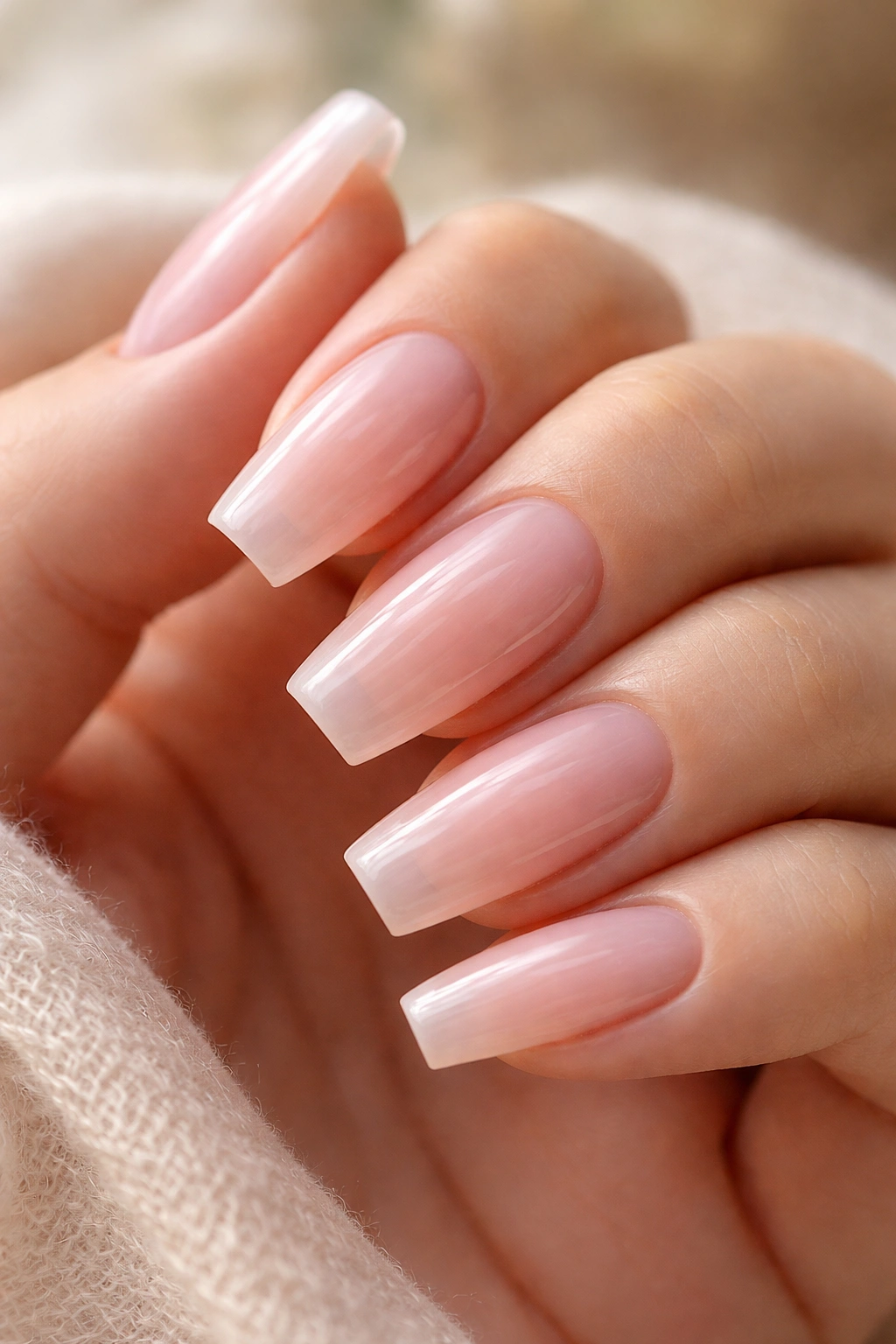 Nails with a sheer milky pink bubble bath finish showing translucency and warmth