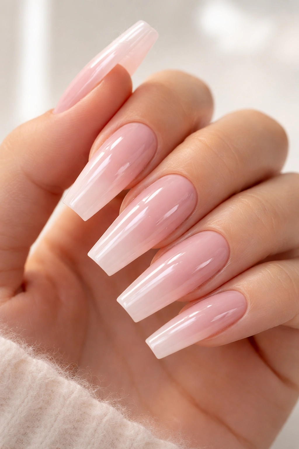 Milky pink coffin nails with glassy topcoat