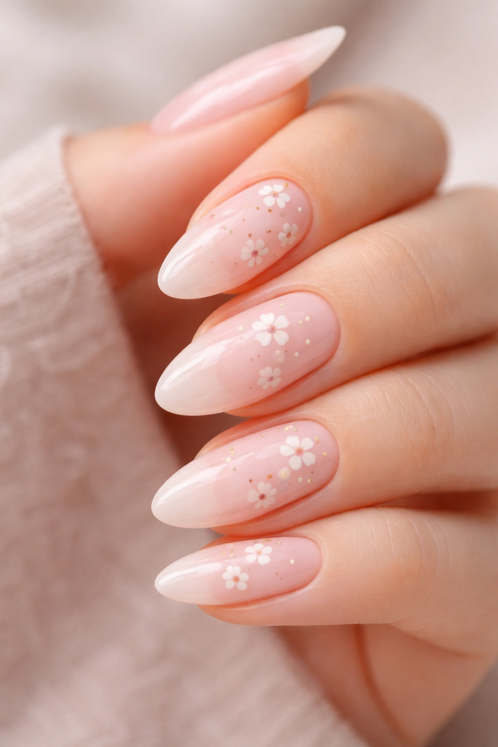 Close-up of almond nails with milky pink sheer base and tiny white floral accents on a soft neutral background