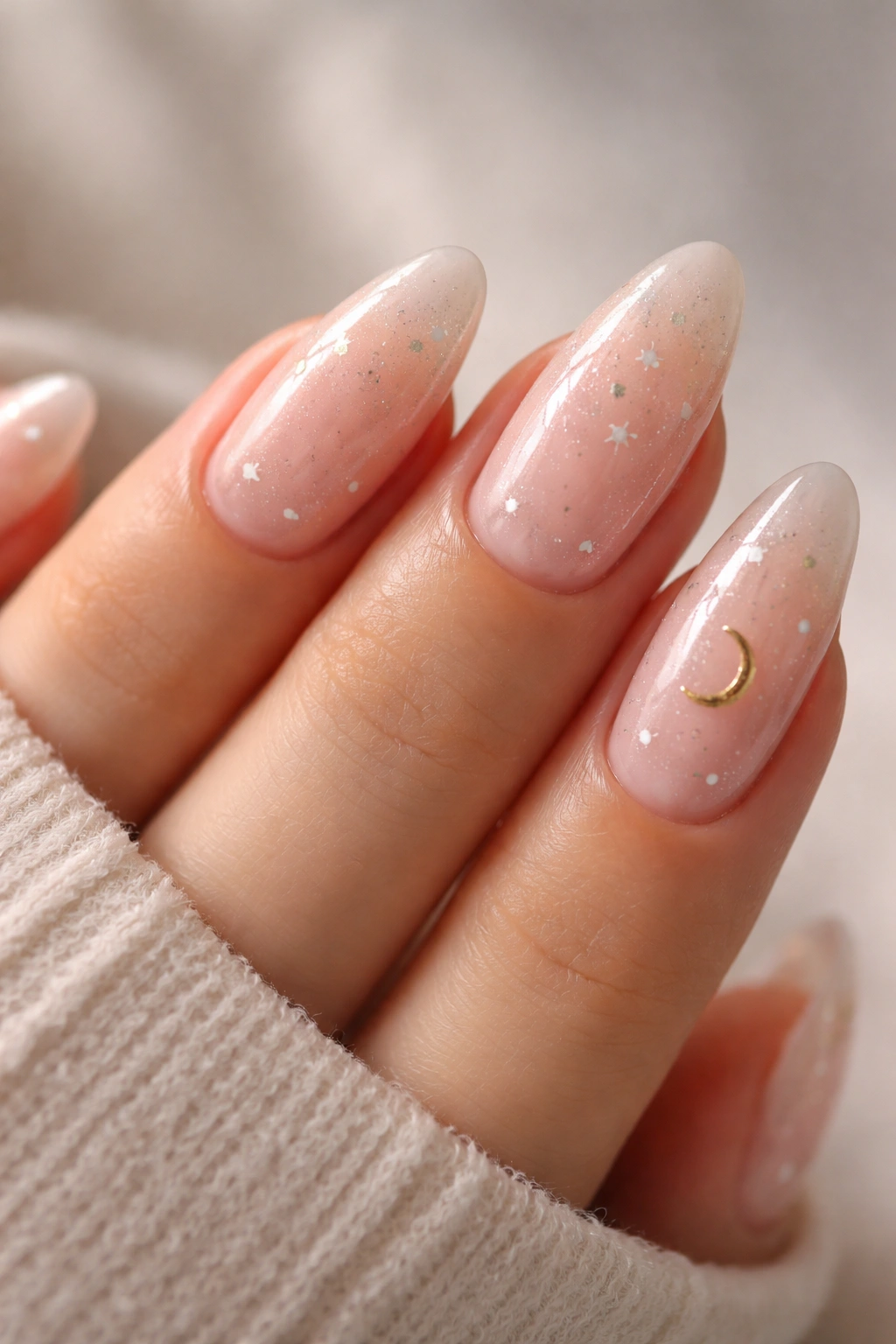 Close-up of milky pink almond nails with tiny metallic stars and a crescent moon accent