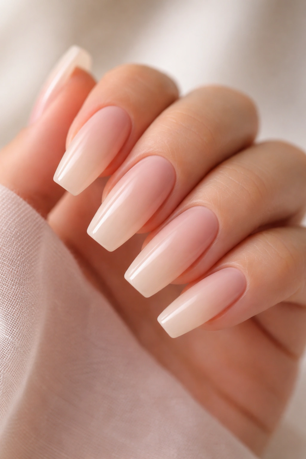 Close-up of milky pink to beige ombre on coffin nails