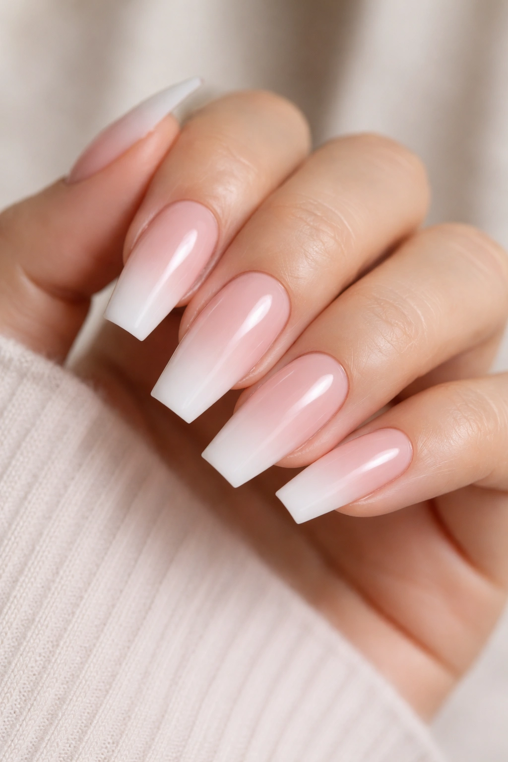 Coffin nails with milky pink to soft white ombre and gentle gradient