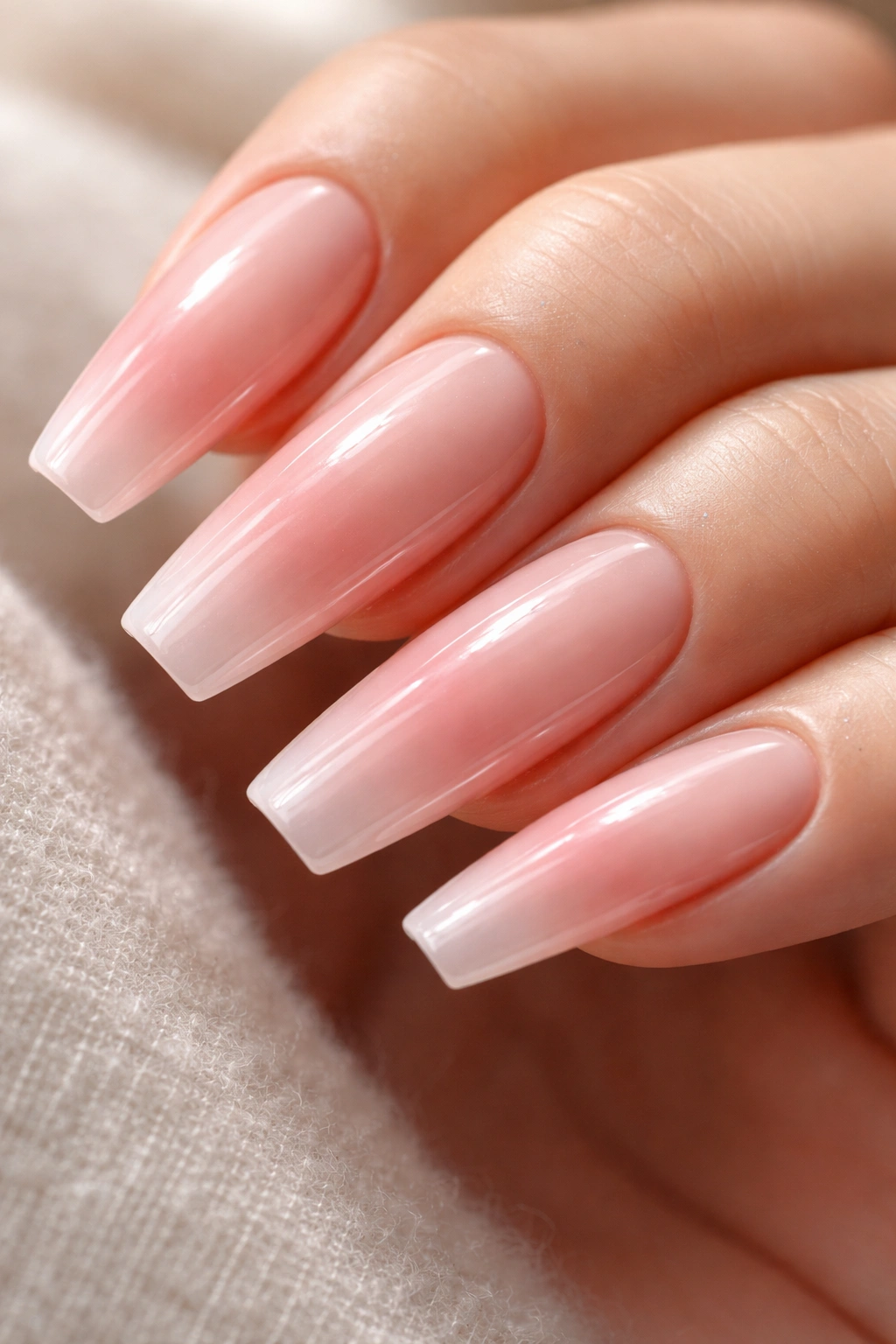 Milky pink syrup coffin nails with translucent rosy overlay