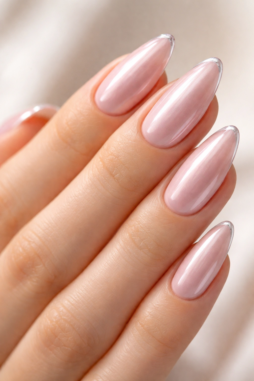 Almond nails with milky rose chrome and micro French tip.