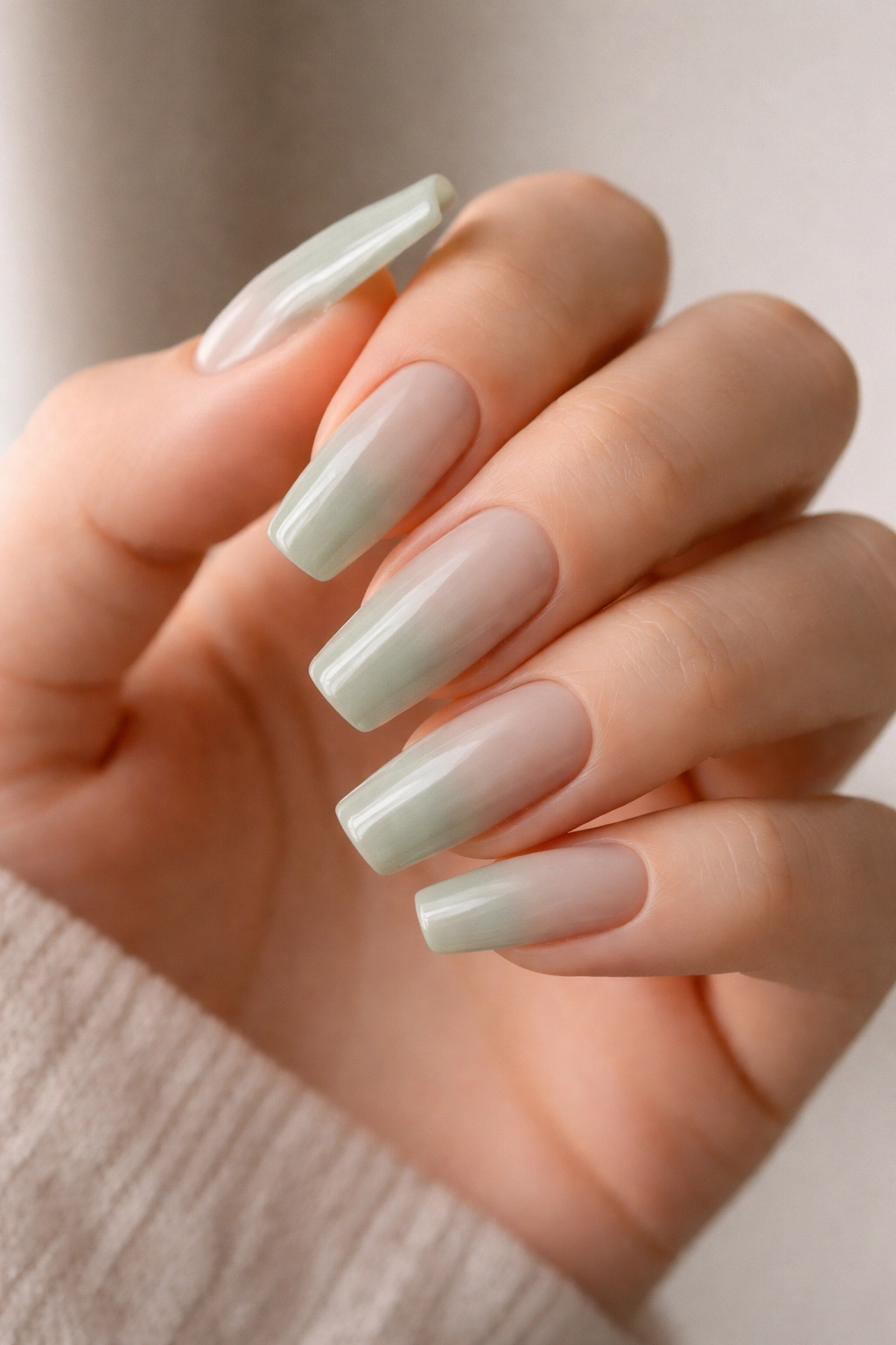 Medium coffin nails in sheer milky sage with milky white base