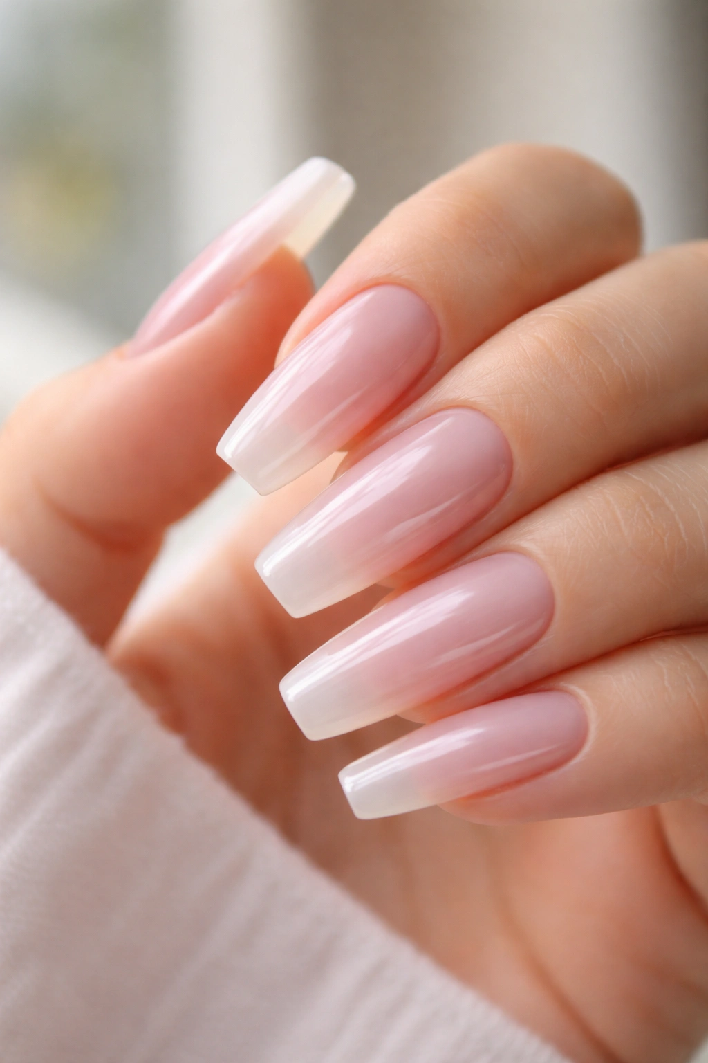 Long coffin nails with milky sheer pink and glassy shine.