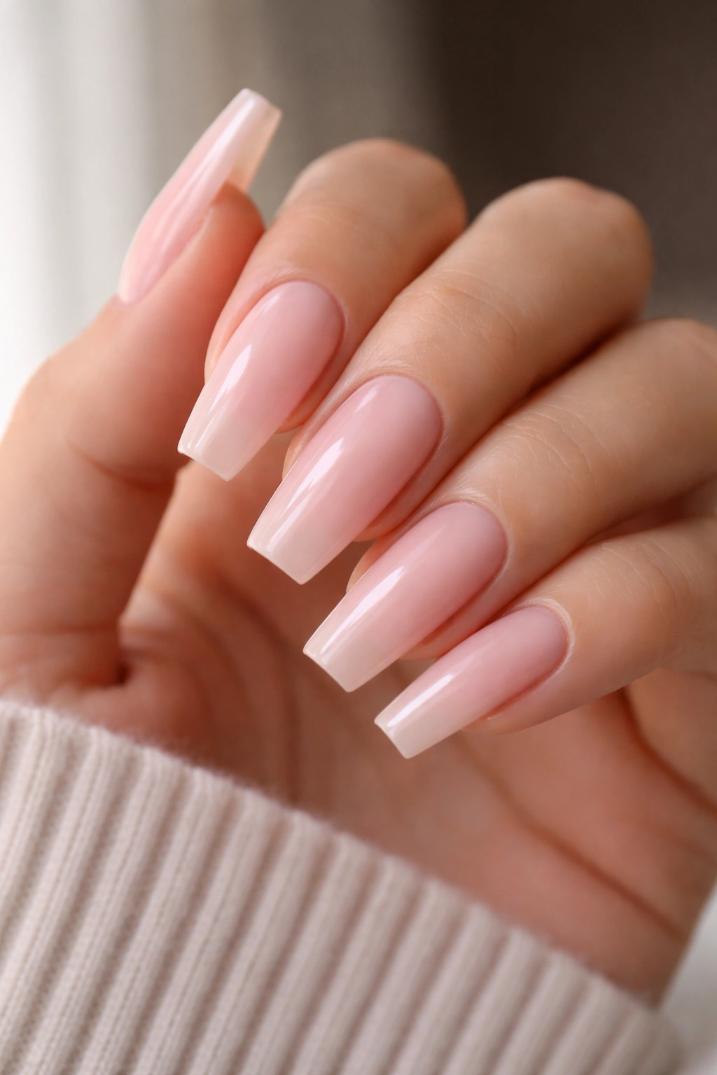 Milky sheer pink coffin nails on a hand with a translucent, soft finish.