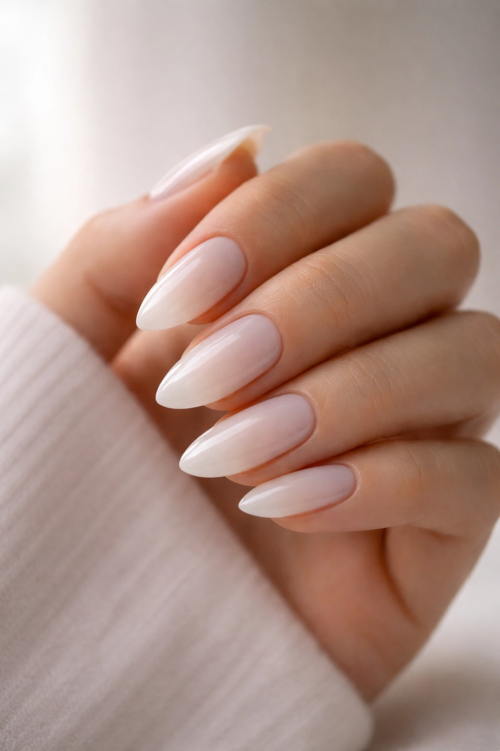 Close-up of milky white almond nails with translucent overlay on medium-length tips