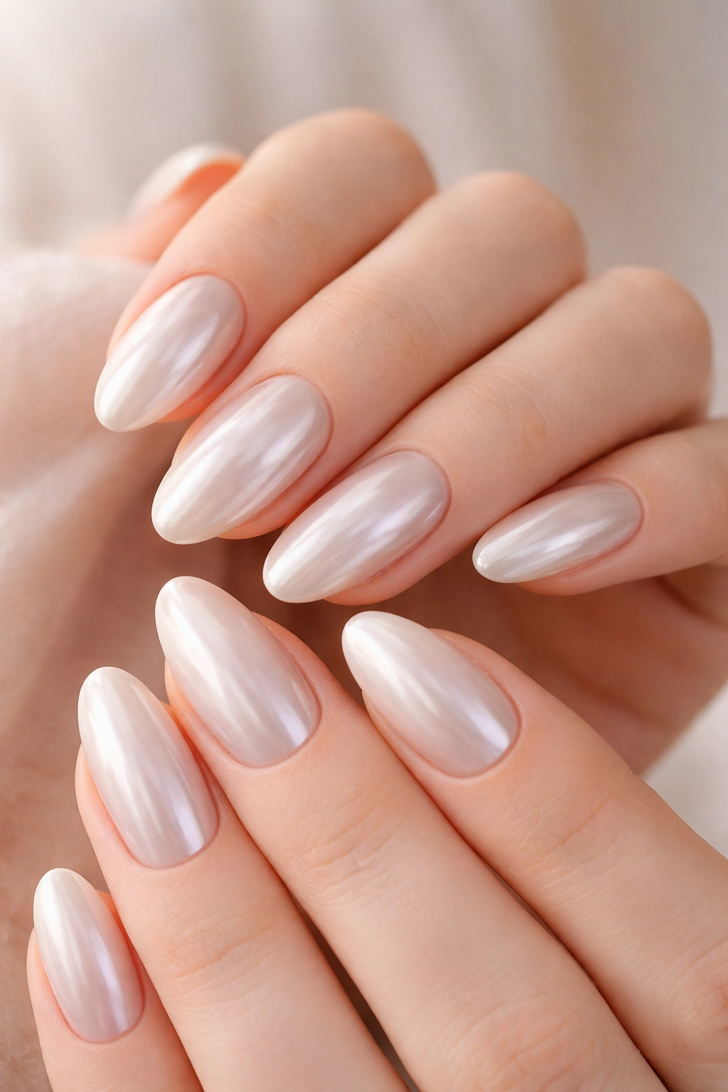 Close-up of milky white chrome almond nails with diffused reflections