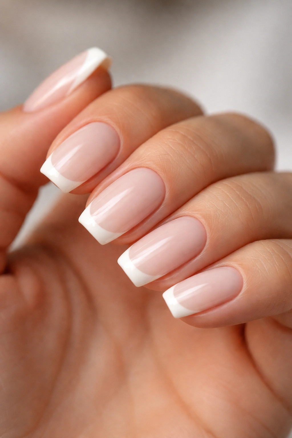 Close-up of short coffin nails with milky white base and slim micro French tip