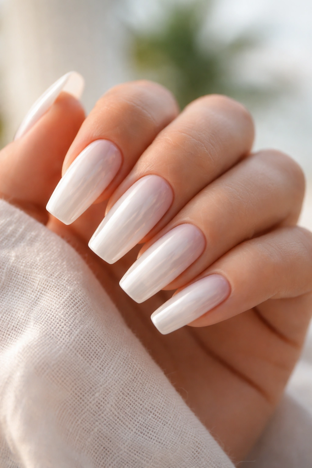 Milky white coffin nails with pearly gloss on a hand
