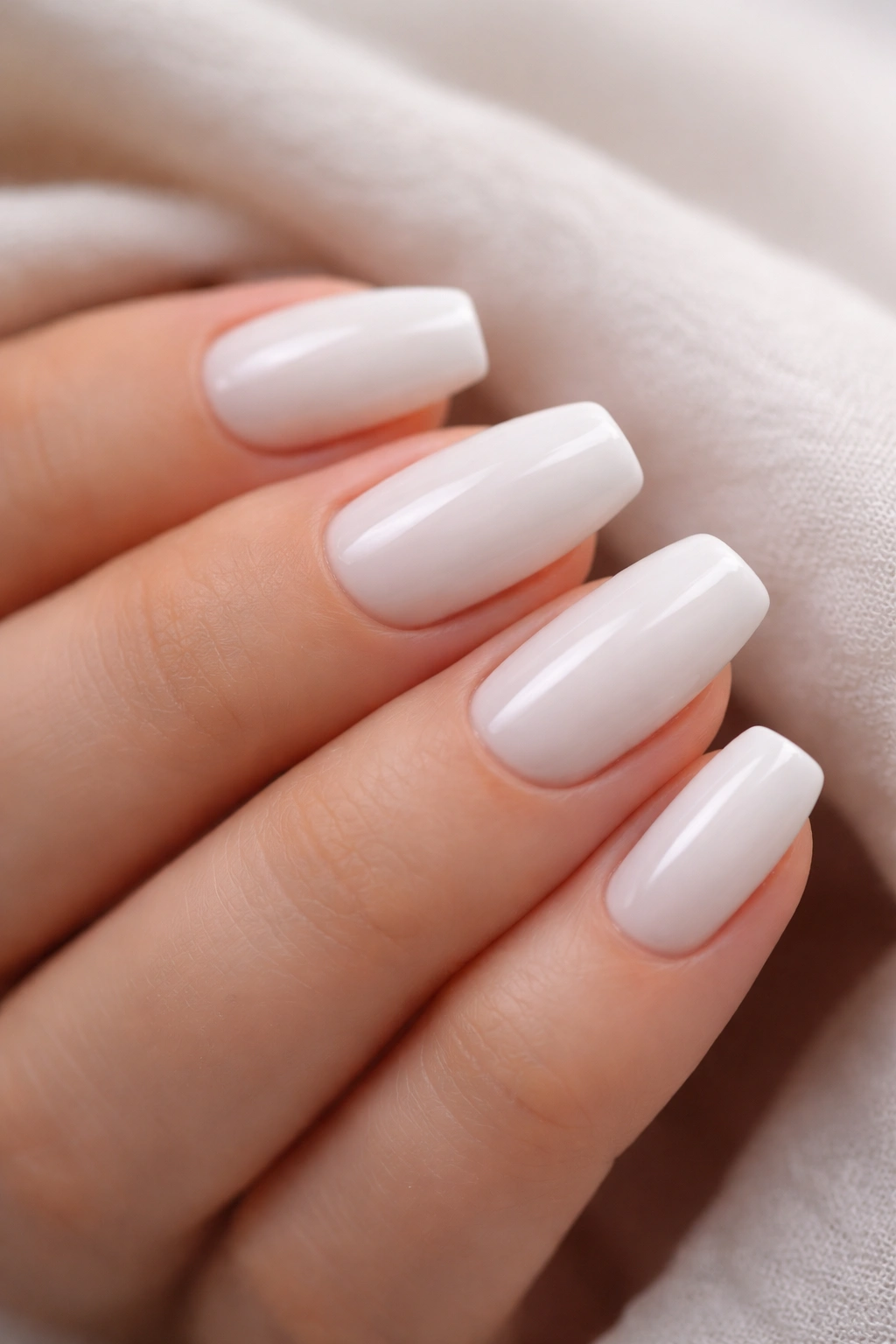 Close-up of short coffin nails with glossy milky white finish on a hand, studio lighting
