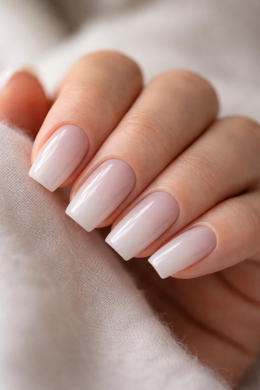 Milky white short coffin nails on natural nails