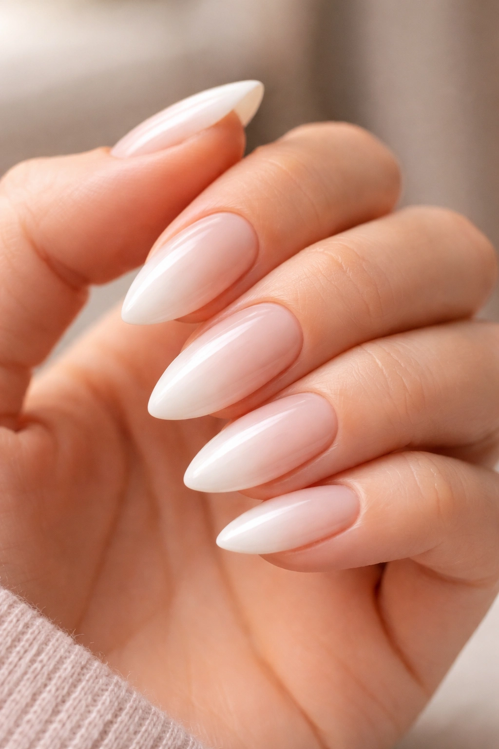 Close-up of milky white almond nails with sheer nude base and glossy finish